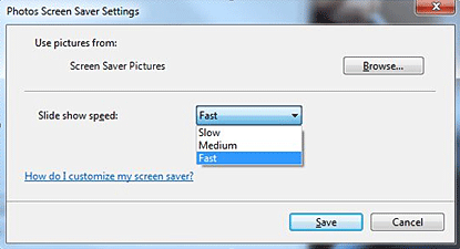 Windows 7 Personalization, Screen Saver Settings, Select Speed